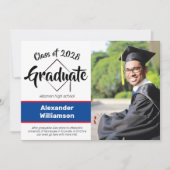 Klasse Blue Red Classic Script Photo Afstuderen Aankondiging (Voorkant)