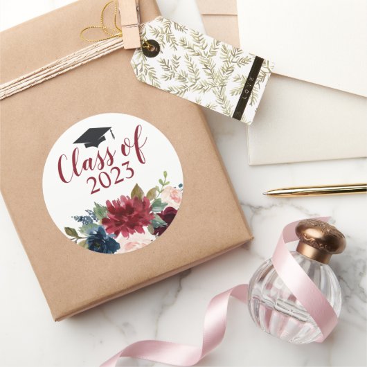 Klasse Burgundy Floral Waterverf Ronde Sticker (Geschenken)