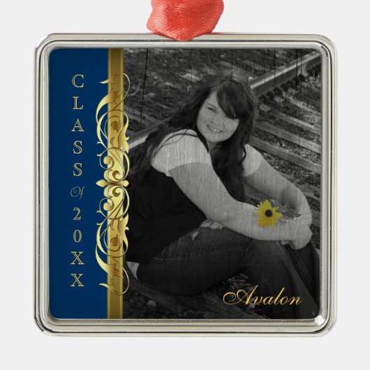 Klasse Gold Scroll Photo Blue Ornament (Voorkant)