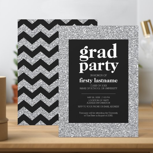 Klasse - Graduation Party Black Silver glitter Kaart