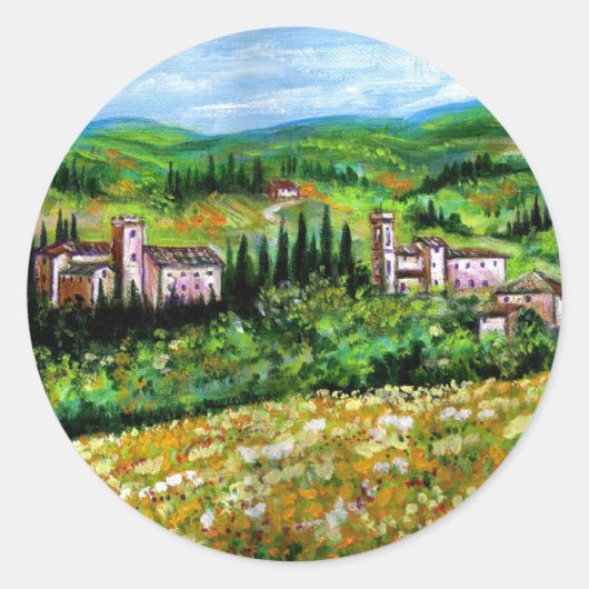 KLASSE IN CHIANTI LANDSCAPE, GEEL STROOMGEBIEDEN RONDE STICKER (Voorkant)