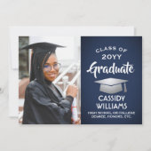 Klasse Jaar Navy Blauw en Wit Afstuderen Foto Kaart (Voorkant)