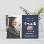 Klasse Jaar Navy Blue en Copper Afstuderen Foto Kaart (Staand voorkant)