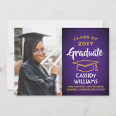 Klasse Jaar Paarse en Goud Modern Afstuderen Foto Kaart (Voorkant)