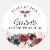 Klasse Nursing Afstuderen Burgundy Floral Ronde Sticker (Voorkant)