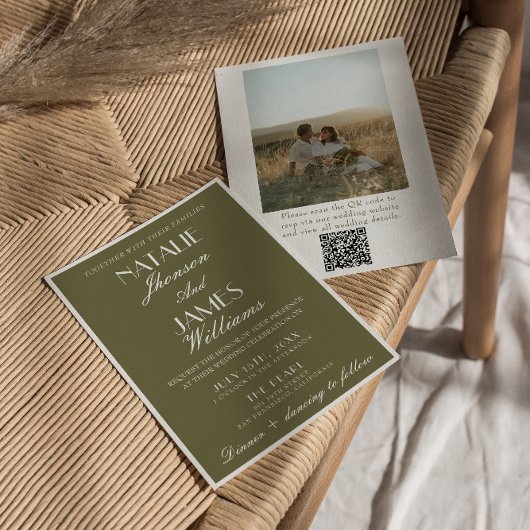 Klasse olijfgroene 'Old Money' QR-code foto bruilo Kaart