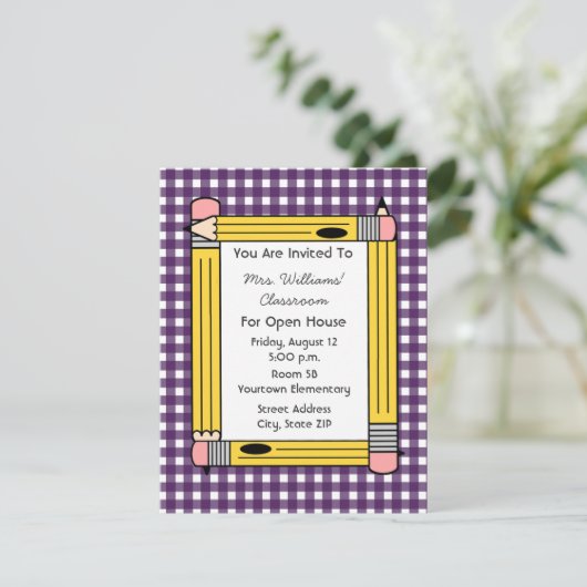 Klasse Open House: Gele Pencils, Paarse Gingham Kaart (Staand voorkant)