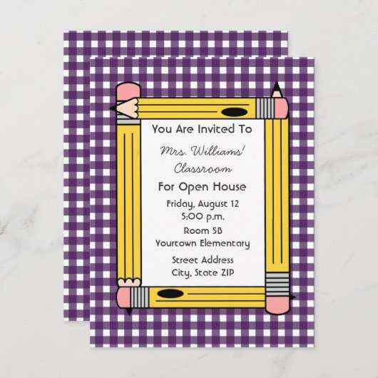 Klasse Open House: Gele Pencils, Paarse Gingham Kaart (Voorkant / Achterkant)
