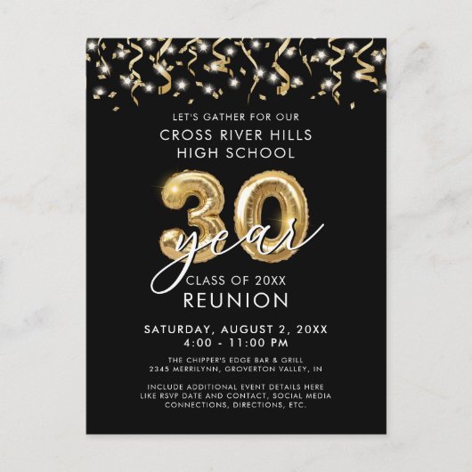 Klasse reünie 30 jaar Black Gold Ballonnen Uitnodi Briefkaart (Voorkant)