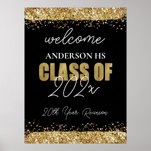 Klasse Reunion Black en Gold Glitter Welkom Poster (Voorkant)