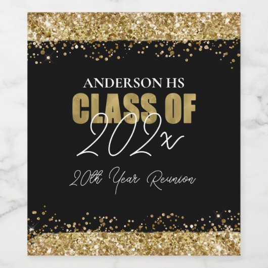 Klasse Reunion Black en Gold Glitter Wijn Etiket (Enkel label)