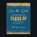 Klasse Reunion Blauw en Goud Save the Date Postcar Briefkaart<br><div class="desc">Elegante Faux gouden glitter verf splatters ontwerp. Alle tekst is aanpasbaar en eenvoudig te wijzigen voor uw eigen feestbehoeften. Save the Date,  Class Reunion,  Information website,  glitter,  blauw en goud,  elegant,  modern,  stijlvol,  elk jaar sjabloon.</div>