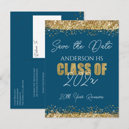 Klasse Reunion Blauw en Goud Save the Date Postcar Briefkaart (Voorkant / Achterkant)