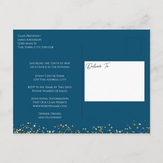 Klasse Reunion Blauw en Goud Save the Date Postcar Briefkaart (Achterkant)