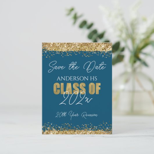 Klasse Reunion Blauw en Goud Save the Date Postcar Briefkaart (Staand voorkant)