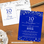 Klasse Reunion Royal Blue Stars lichten elk jaar Briefkaart<br><div class="desc">Moderne en elegante klasse reünie briefkaart uitnodiging voor elk jaar reünie (getoond voor een 10 jaar) met zilveren sterren en lichten, elegante handgeschreven script typografie en een aangepaste kleur achtergrond (getoond in koningsblauw) die u kunt veranderen naar uw school kleur of feest thema kleur. Alle tekst kan worden bewerkt om...</div>