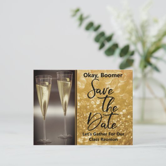 Klasse Reunion Save the Date Baby Boomer Champagne Aankondigingskaart (Staand voorkant)