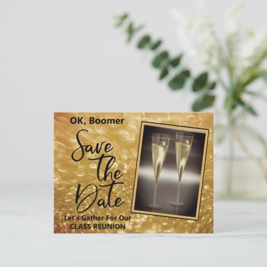 Klasse Reunion Save the Date Baby Boomer Champagne Aankondigingskaart (Staand voorkant)