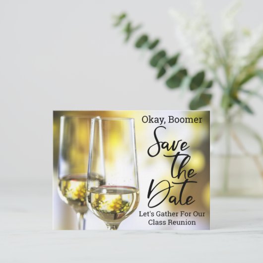 Klasse Reunion Save the Date Baby Boomer Champagne Aankondigingskaart (Staand voorkant)