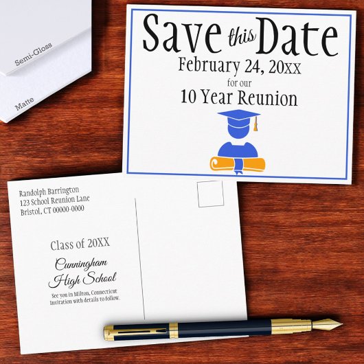 Klasse Reunion Save the Date Minimalist Blue Oranj Briefkaart