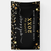 Klasse Reunion Welkom Black Gold Stars Lights Spandoek (Verticaal)