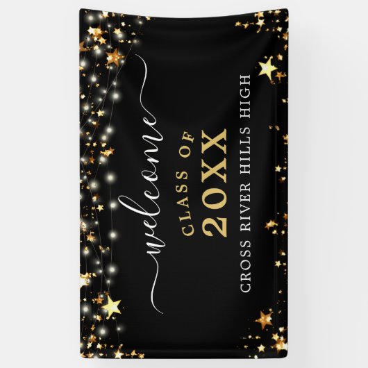 Klasse Reunion Welkom Black Gold Stars Lights Spandoek (Verticaal)