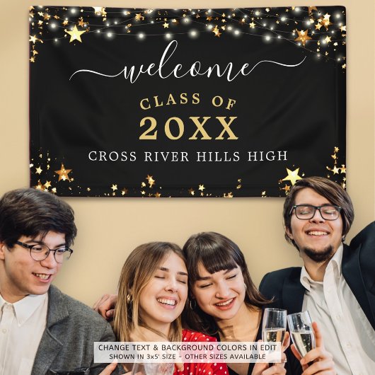 Klasse Reunion Welkom Black Gold Stars Lights Spandoek