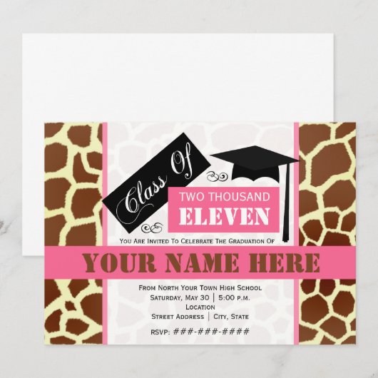 Klasse van 2011 Giraffe Afdrukken en Roze Afstuder Kaart (Voorkant / Achterkant)