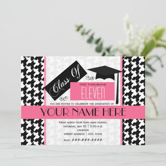 Klasse van 2011 Houndstooth & Roze Afstuderen Kaart (Staand voorkant)