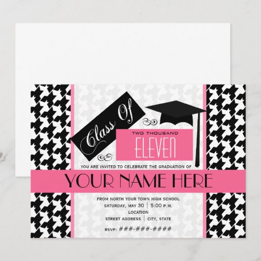 Klasse van 2011 Houndstooth & Roze Afstuderen Kaart (Voorkant / Achterkant)