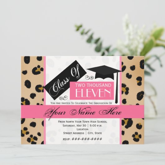 Klasse van 2011 Luipaard afdrukken en roze Afstude Kaart (Staand voorkant)