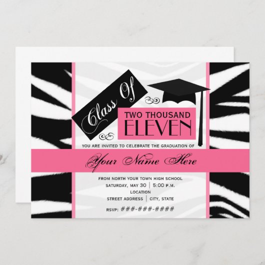 Klasse van 2011 Zebra Print & Roze Afstuderen Invi Kaart (Voorkant / Achterkant)