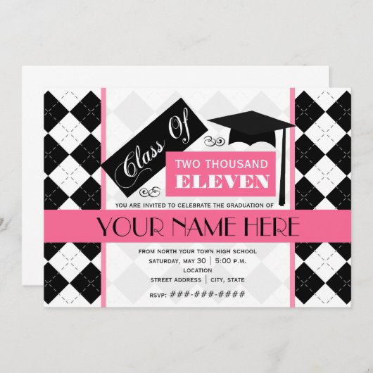 Klasse van 2011 Zwart Afstuderen en roze Kaart (Voorkant / Achterkant)