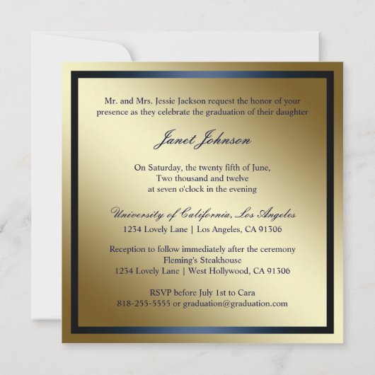 Klasse van 2012, Navy and Gold Afstuderen Invite Kaart (Achterkant)