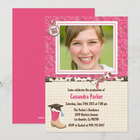 Klasse van 2013 Roze Western Afstuderen Aankondigi Kaart (Voorkant / Achterkant)