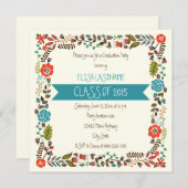 Klasse van 2015 blauwgroen & rode bloemenrand afst kaart (Voorkant / Achterkant)
