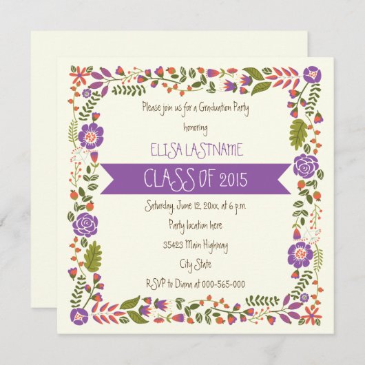 Klasse van 2015 paarse bloemengrens afstuderen kaart (Voorkant / Achterkant)