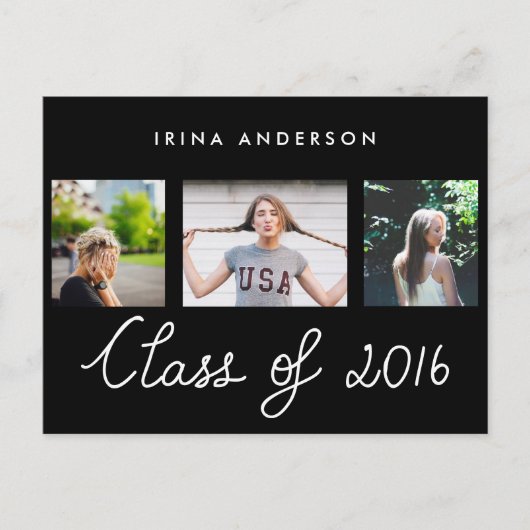Klasse van 2016 Typografie Drie foto's Afstuderen Uitnodiging Briefkaart (Voorkant)