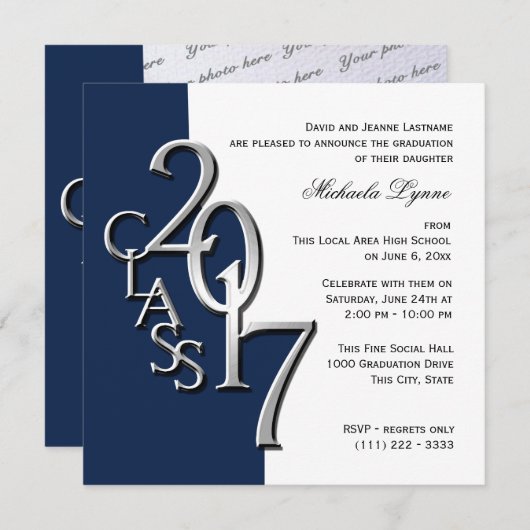 Klasse van 2017 Foto Afstuderen Blue Silver Kaart (Voorkant / Achterkant)
