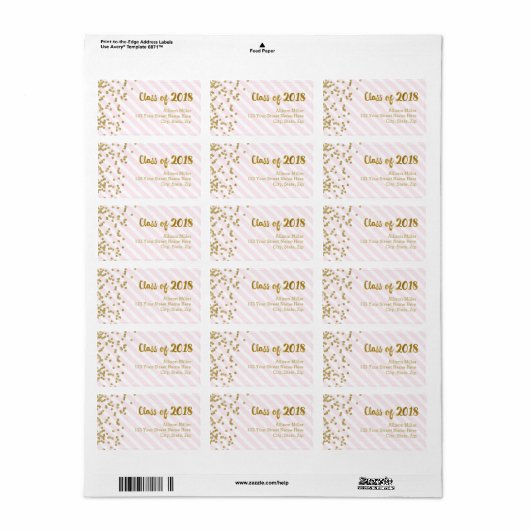 Klasse van 2018 Afstuderen Gouden Roze Adresetiket Etiket (Full Sheet)