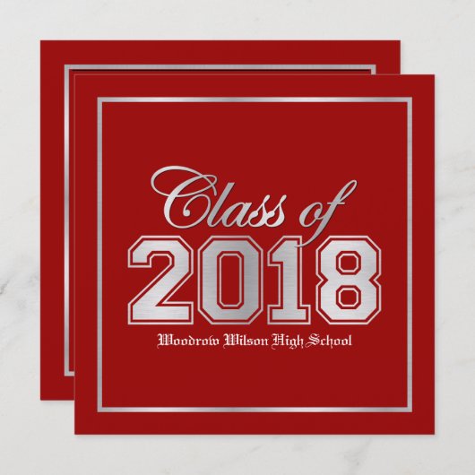 Klasse van 2018 Premium Rood / Zilver Afstuderen Kaart (Voorkant / Achterkant)