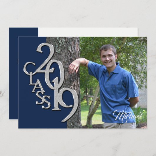 Klasse van 2019 Foto Afstuderen Blue Silver Kaart (Voorkant / Achterkant)