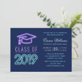 Klasse van 2019 | Modern Cool Neon Blue Afstuderen Kaart (Staand voorkant)