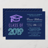 Klasse van 2019 | Modern Cool Neon Blue Afstuderen Kaart (Voorkant / Achterkant)