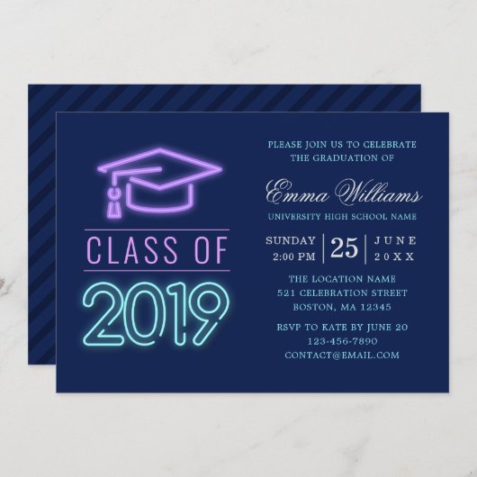 Klasse van 2019 | Modern Cool Neon Blue Afstuderen Kaart (Voorkant / Achterkant)