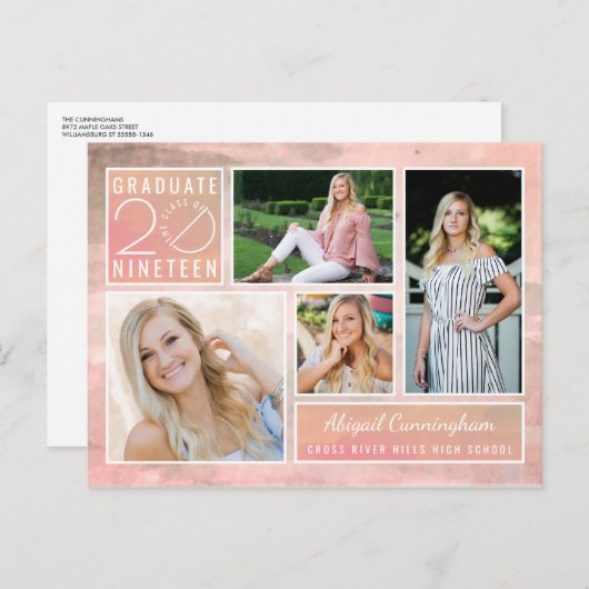 Klasse van 2019 Photo Peach Waterverf Invitation Briefkaart (Voorkant / Achterkant)