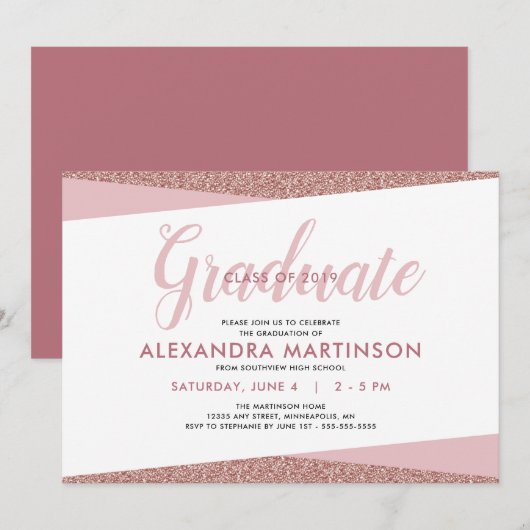 Klasse van 2019 | Roos Gold Faux Glitter Afstudere Kaart (Voorkant / Achterkant)