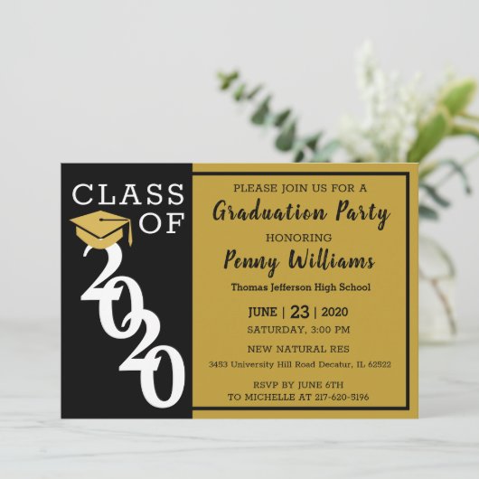 Klasse van 2020 Black Gold Modern Graduation Party Kaart (Staand voorkant)