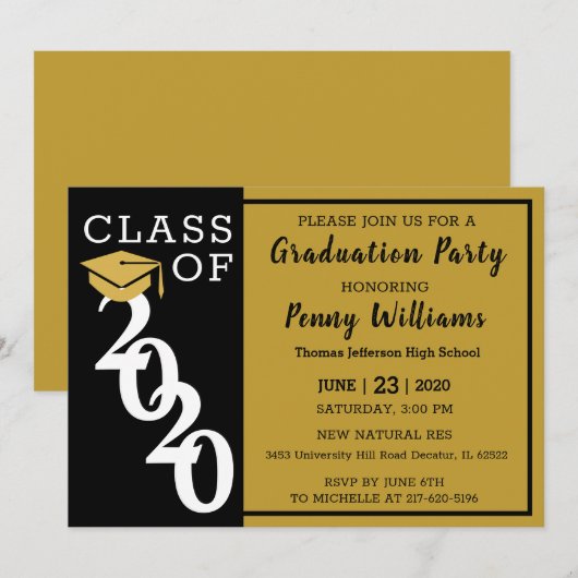 Klasse van 2020 Black Gold Modern Graduation Party Kaart (Voorkant / Achterkant)