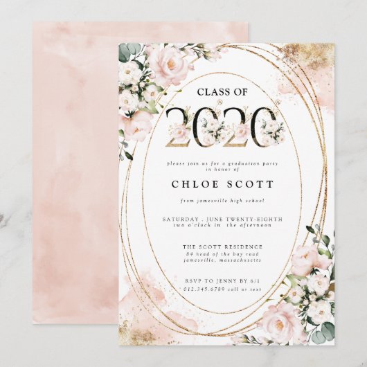 Klasse van 2020 Blush Pink Gold Afstuderen Kaart (Voorkant / Achterkant)